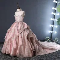 2023 Balo Gown Çiçek Kız Düğün Sizli Tüy Kolye Rhinestones Çocuklar Pageant Elbise Boncuklu Kızın Doğum Günü Partisi Noel Elbise