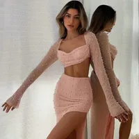 Robe deux pièces SUO CH Womens Short Top Set Two Peice Set Forwomen Deluxe Robe complète à manches longues Top Half Dress Set Sexy Night Club Outfit 230227