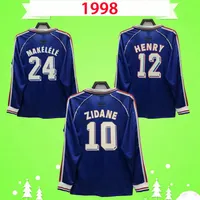 Com patch e tampa pequena de manga longa camisa de futebol maillot de Foot 1998 Retro Classic #10 Zidane Home Blue Football Shirt VINTA204R