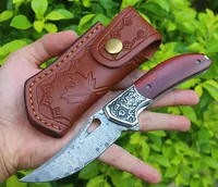 R9501 Flipper Folding Knife Damascus Steel Drop Point Blade Rosewood with Steel Head Handle Ball Bearing Folder Knives withs Leather Sheath