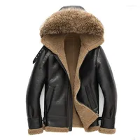 남성용 재킷 2022 겨울 남자 고급 너구리 모피 모자 양토 가죽 울 라이너 바이커 조종사 사냥 재킷 코트 2colors