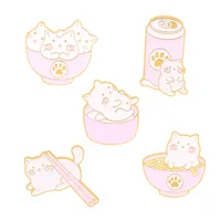 Gold plattierte Tier Emaille Pins kreative rosa Katze Ramen Geschirr geformt Broschen 5pcs /Set Lack Brosche f￼r Frauen Abzeichen Schmuck