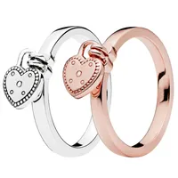 Echte sterling zilveren hartvormige hangslot ring set vrouwen meisjes bruiloft cadeau sieraden voor pandora rose gouden designer ringen met originele doos