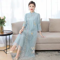 Vestidos casuais vestido cheongsam roupas retrô mulheres 2022 primavera hanfu solto estilo chinês bordado organza qipao roupões elegantes h605