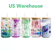 US Warehouse Sublimation 16oz Glass Tumbler Juice Can Double Wall Mug Snow Globe with Bamboo Lid Plastic Straw Cup with Hole T0901