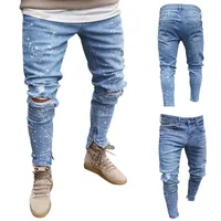 Мужские байкеры Демин Джинс Рэтэтт разрушенные разорванные брюки Печатные модные дизайны мягкие скинни -дыра джинсы для мужчин 312H