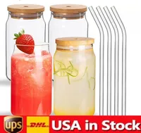 US STOCK Water Bottles Double wall Sublimation 16oz glass Tumbler Cups can glasses with bamboo lid reusable straw Mug beer Transparent Soda Can drinking T0901