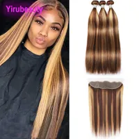 Brazilian Peruvian 100% Human Hair 3 Bundles With 13X4 Lace Frontal P4/27 4Pcs Yirubeauty Indian Malaysian