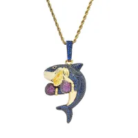 Modeboxing Hai Diamonds Anhänger Halsketten für Männer Frauen Blau Luxus Cartoon Tieranhänger 18K Gold plattiert Kupfer Zirkon JE175a