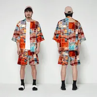 Мужские повседневные рубашки Wamni японские кимоно устанавливают летнюю уличную одежду 3 -е рубашки шорты Harajuku Cardigan Men Batwing рукав с двумя частями набор