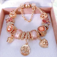 Charm Bracelets High Quality Rose Gold Crystal For Women With Pink Leaves &Bangles Fashion Jewelry Gift