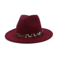 Nouvelle laine Fedora Hat Hawkins Felt Cap largeur Brim Women Men Men Jazz Church Godfather Panama CAP avec léopard Cuir Belt284Q