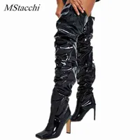 부츠 Mstacchi Classics Over-Knee Botas 여성 플러시에 검은 사각형 발가락 덩어리 발 뒤꿈치 주름 편안한 신발 겨울 허벅지 하이 부츠 220729