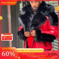 Men's Fur & Faux Leather Winter Jacket Thicken Velvet Collar Hooded Zipper Color Block Patchwork Fashion Red Men190E