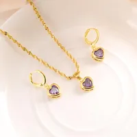 Kolye küpeler seti altın gelin kristal kalp mor pembe kübik zirkon küpe zinciri düğün jewelry kadınlar için hediyeler hediyeler