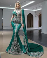 Gorgeous Mermaid Evening Dress Long Sleeve High Neck Beading Crystal Formal Arabic Prom Dresses With Cape Plus Size Custom Made