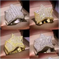 Met zijstenen Heren Gold Ring Stones Hoge kwaliteit Vijfpuntige Star Fashion Hip Hop Sier Rings Sieraden 1850 T2 Drop del YzedibleShop DHD8J