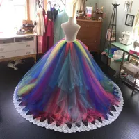 Chic Rainbow Puffy Tulle Skirts For Bridal Pleated Tiered Floor Length Long Tutu Skirt Women With Appliques Custom Made1833