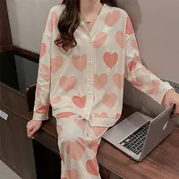 Женская одежда для сна, Xizou, хлопковая пижама, набор женщин осени и зимняя с длинным рукавом v Nece Love Printing 2 штуки Женская одежда.