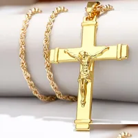 Pendant Necklaces High Quality 24K Gold Plated Jesus Christ Cross Pendant Necklace Hip Hop Rap Golden Crucifixio Cuban Chain M Sport1 Dhdtu