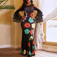 Клоколор длинное платье для вечеринки Женщины элегантное цветочное печатное черное от плеча сетка Bodycon Mermaid Вечернее рукав макси Maxi y2281c