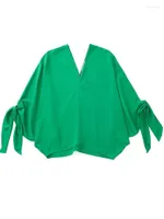 قميصات نسائية بلوزات نسائية Yenkye 2022 Fashion Women Vintage Excerize Bow Tie Cuffs Green Blouse Shirt Flowy V Neck Batwing