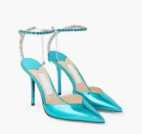 Lady Dress Shoes Sandaler Pumpar High Heels Satin Suede Leather Pointy Toe Saeda 100mm tunn klackband Crystal Embellment Luxury Brands Desiger Box