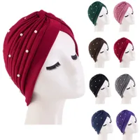 Women Beaded Turban Muslim Pleated Bonnet Chemo Hat Inner Cap Hijab Headwrap Head Scarf Indian Femme Hair Loss Sleep Caps Cover