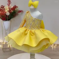 Girl Dresses Yellow Flower Tutu Dress 2022 Long Sleeve One Shoulder Princess Baby Girls Pageant Gowns Puffy First Communion Birthday For