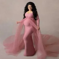 ピンクのマタニティドレスポグラル小道具妊娠中の女性のための肩のない妊娠ロングドレス