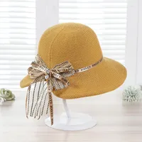 Wide Brim Hats Straw Hat Women Bow Knitted Folding Bucket Sun Protection Panama