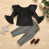 kids girl clothes set ruffle collar leather with plaid pants 2pcs outfits trendy girl clothing