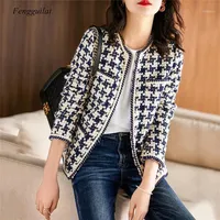 Plaid Tweed Jackets Women O-Neck Long Sleeve Office Lady Wool Coats Autumn Winter Outwear Vintage Korean Elegant Plus Size1265R