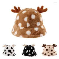 베레트 버킷 모자 귀여운 순록 뿔 서짐 겨울 따뜻한 낚시 모자 가짜 모피 인쇄 여성 조류 평평한 상단 모자 파나마 파나마