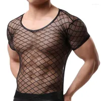 남자 T 셔츠 70% 나이트 클럽 섹시한 남자 짧은 슬리브 메쉬 티셔츠 시청 슬림 오픈 톱 탑 남자 티셔츠