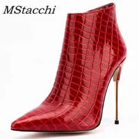 부츠 mstacchi 여자 패션 하이힐 발목 여자 뾰족한 발가락 지퍼 스톤 패턴 펌프 섹시 레이디 파티 신발 220903