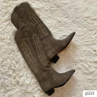 브랜드 완벽한 파리 프랑스 이사벨 신발 덴지 스웨이드 카우보이 부츠 마랑 스타일 무릎 높이 서부에서 영감을받은 송아지 가죽 bo257k