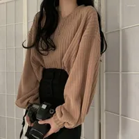 Kvinnors tröjor Kvinnor Spring Fall Sweater Kvinnor Pullover Short Knit Jumper Long Lantern Sleeve V Neck Korean Ladies Female Casual