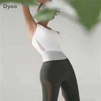 Oyoo One piece gym clothing mesh yoga jumpsuit backless workout set slim sport suit women ballet dance bodysuit- bra & leggings LJ20121351j