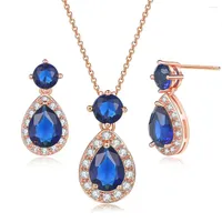 Boucles d'oreilles de collier set Double Fair Luxury Party for Women Earring Blue Crystal CZ Classic Design Fashion Jewelry S512