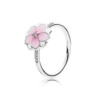 창백한 Cerise 에나멜 핑크 CZ 반지 세트 Pandora 925 Sterling Silver Magnolia Bloom Ring 여성 결혼 선물 220i 용 원본 상자