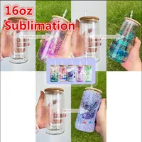 US Stock Glass Tumblers Double Single Wall Sublimation 16oz Beer Mugs Cola Can Mason Jar with Bamboo lid and straw Christmas CC