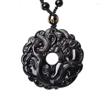 Hänghalsband äkta naturlig svart obsidian rund snidning pi xiu kraftfull kristall för smycken tillverkning 45mm droppe