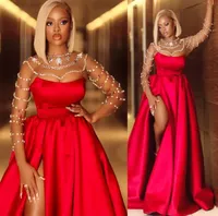 Plus Size Arabic Aso Ebi Red Prom Dresses Luxurious Crystals Sheer Neck long sleeve Evening Reception Birthday Engagement gown