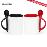 11oz Sublimation Ceramic Mug Handgrip Coffee Tazza con cucchiaio Blank Colat Inside Personality Fai da te Basella singolo Transfer Termica Coppa di acqua USA Warehouse US
