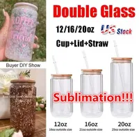 Stock de EE. UU. 12/16/20oz taza de vidrio de doble pared con tapa de bambú y paja