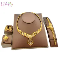 Liffly African Dubai Gold Bridal Jewel Women Bracelet Earrings 인도 웨딩 파티 Crystal Ring Jewelry Sets 200923249c