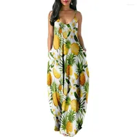 Casual Dresses Tropical Fruit Print Patchwork Women Short Sleeve Dress Loose Long Double Pocket Beach Resort -Woman