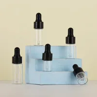 Black Cap Clear Glass Transparent Essential Oil Bottle 1ML 2ML 3ML 5ML Trial Size Dropper Small Packaging Container Mini Sample For Sub-bottling Droppers Bottle