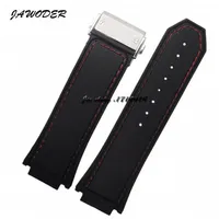 Jawoder Watchband 30 x19mm Men Red خياطة سوداء سليكون رات على حزام الشوكة الفولاذ المقاوم للصدأ من أجل Hub Big B234K